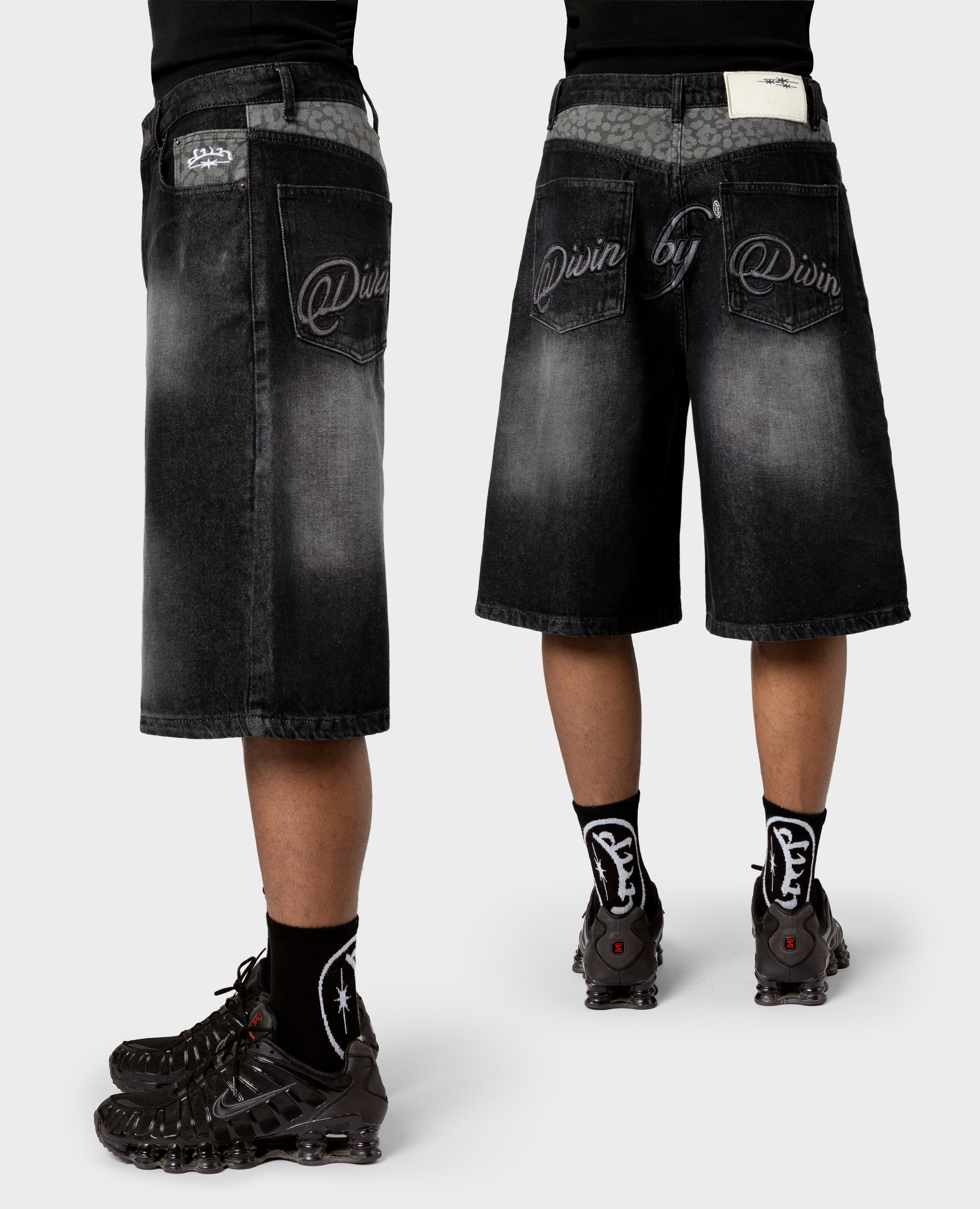 Schwarze Jeans-Shorts mit Leopardenmuster und Taschen
