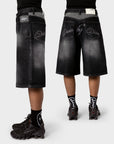 Schwarze Jeans-Shorts mit Leopardenmuster und Taschen