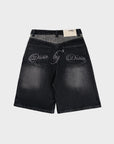 Schwarze Jeans-Shorts mit Leopardenmuster und Taschen